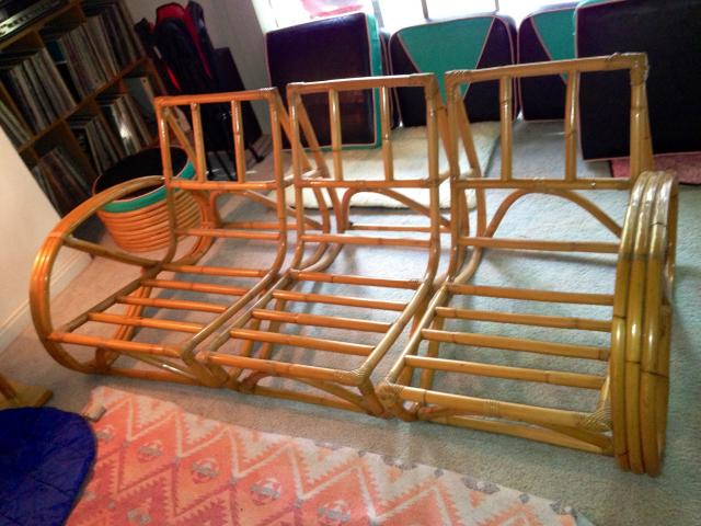 Couch is made up of three separate pieces. Frame is in very good condition, there are some missing and loose decorative bindings on right side. Couch is made up of three separate pieces. Frame is in very good condition, there are some missing and loose decorative bindings on right side.