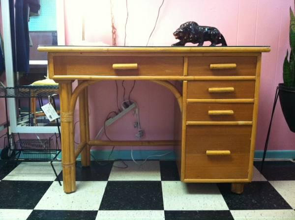 Vintage Rattan Desk In Austin Tiki Central Comes With Matching Chair Surprising Amount Of Storage For How Little It Is Can Work As An Entry Way Table Or Accent Piece In A Tiki Bar Asking 150 Obo